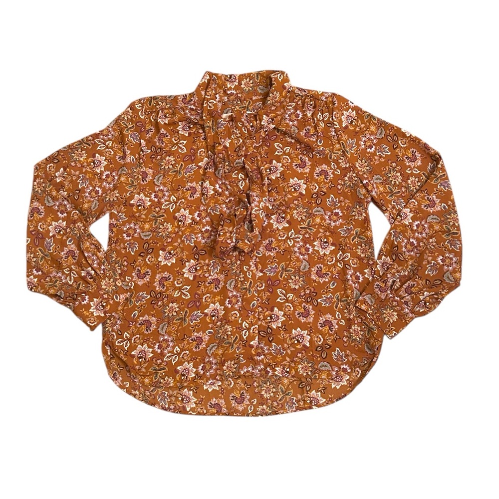 🆕 LOFT Floral Bow Button Down Blouse Orange Brown Green Women’s Size Medium